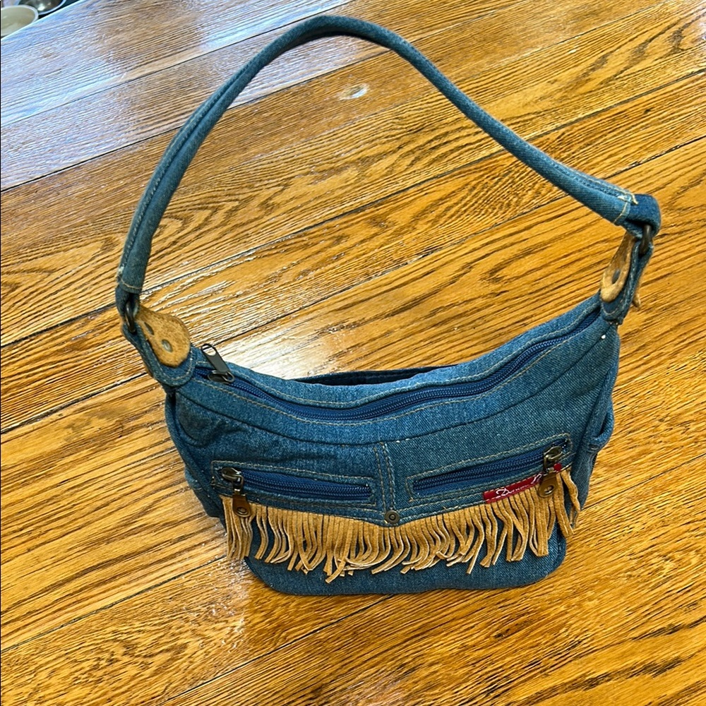Y2K Denim Blues leather fringe small bag.  Denim with leather trim.